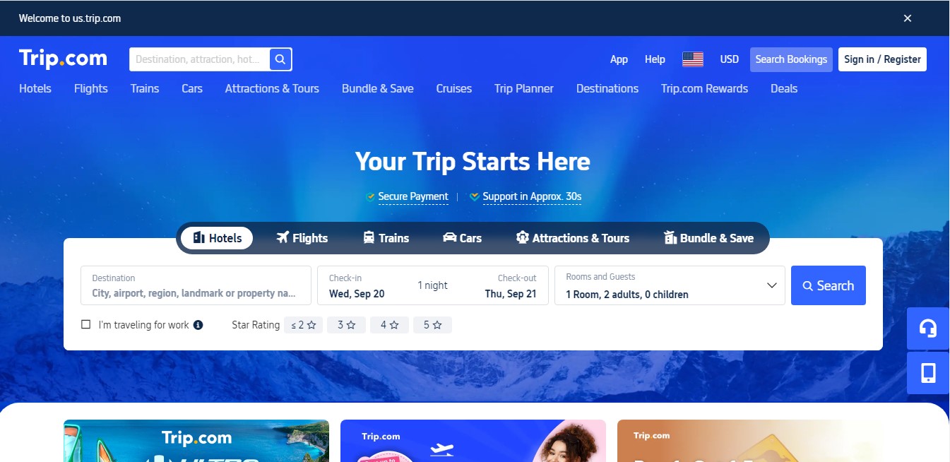 Tripcom website booking flights trains cars hotels