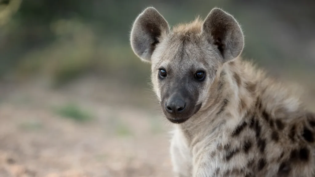 Close-up of a young spotted hyena looking toward the camera in a natural, blurred background.